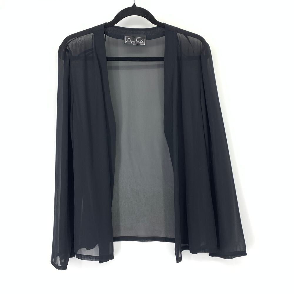 Alex Evenings Jacket Womens 12 Black Sheer Open Front Metallic Neckline Trim
